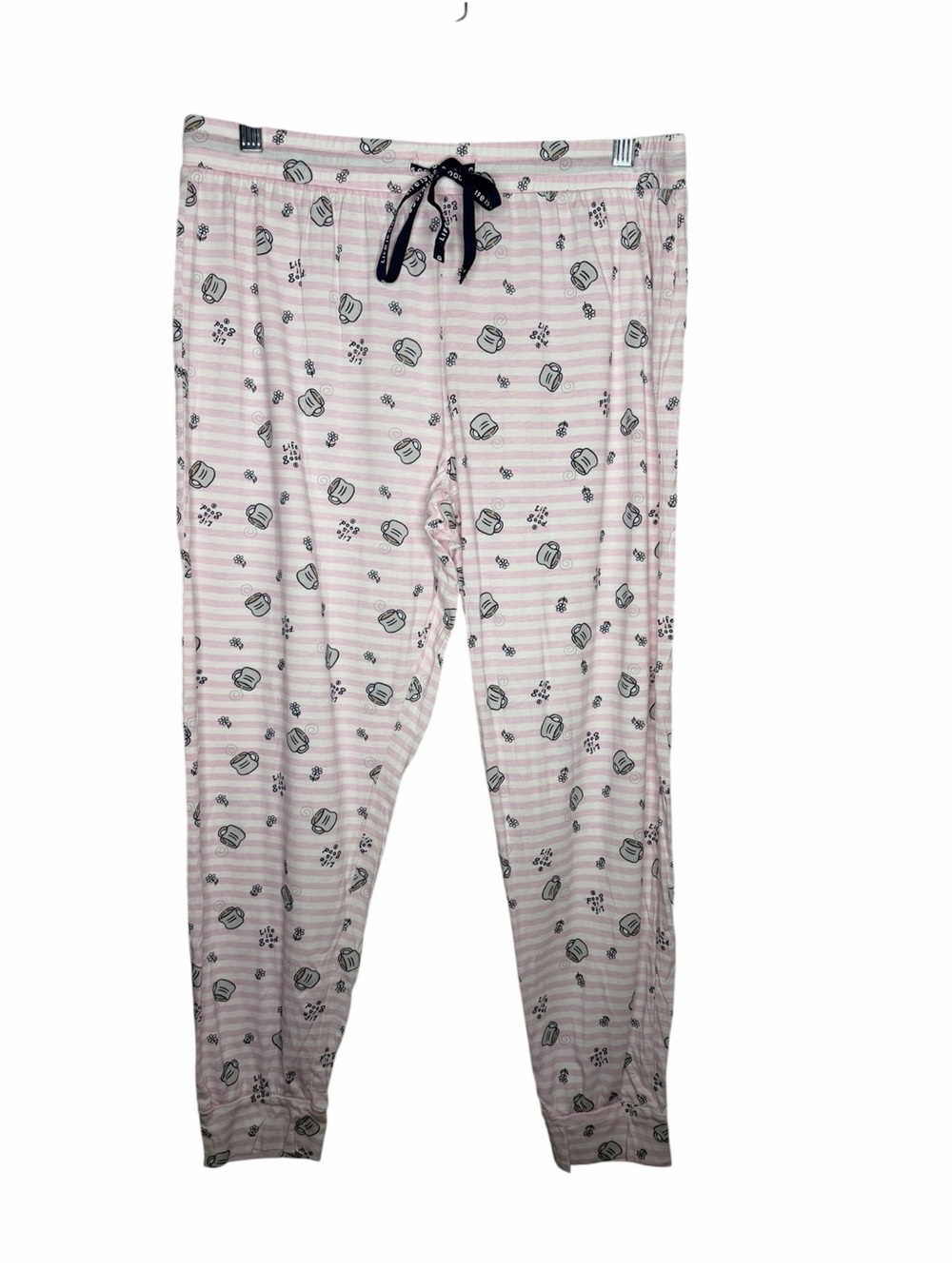 LIFE IS GOOD / pink white striped coffee sleep lounge pajama jogger pants / L